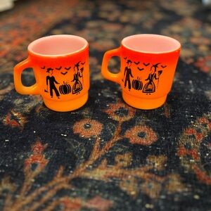 Set of 2 Anchor Hocking Fire King Ware Orange Vintage Halloween Mugs